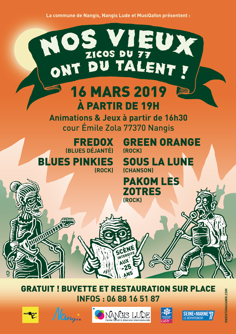 Nos vieux zicos du 77 ont du talent ! Affiche par Gwen Tomahawk Graphiste Fontainebleau