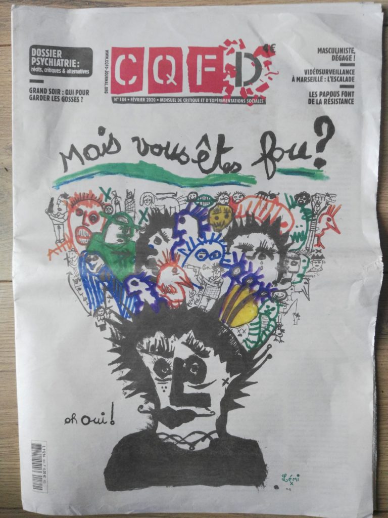 CQFD, 184, Dossier psychiatrie, récits, critiques & alternatives, Hospitalisations et soins sous contraintes, dessin de presse, illustration,  gwen tomahawk